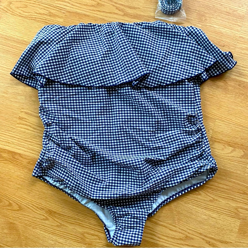 Kona Sol Swimsuit women’s plus size 22 one piece blue white checkered NEW